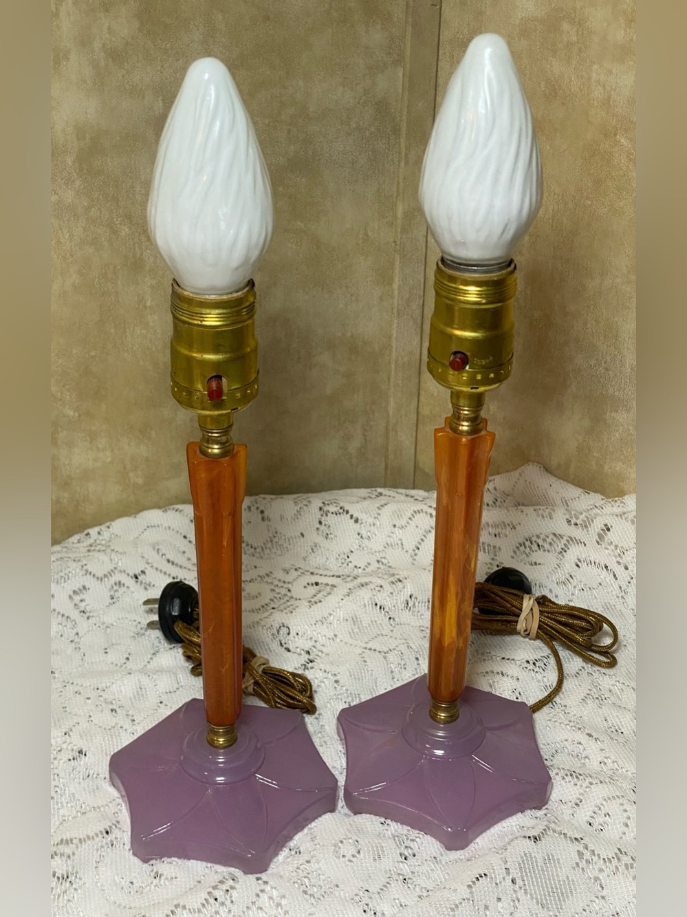 1930s Houze Glass Boudoir Lamps Pressed Glass Butterscotch Bakelite Set Art Deco